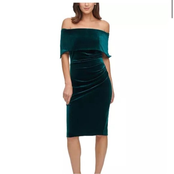Vince Camuto Off-Shoulder Dark Green Velvet Midi Dress Size 12 Evening Wear NWT - Picture 1 of 8